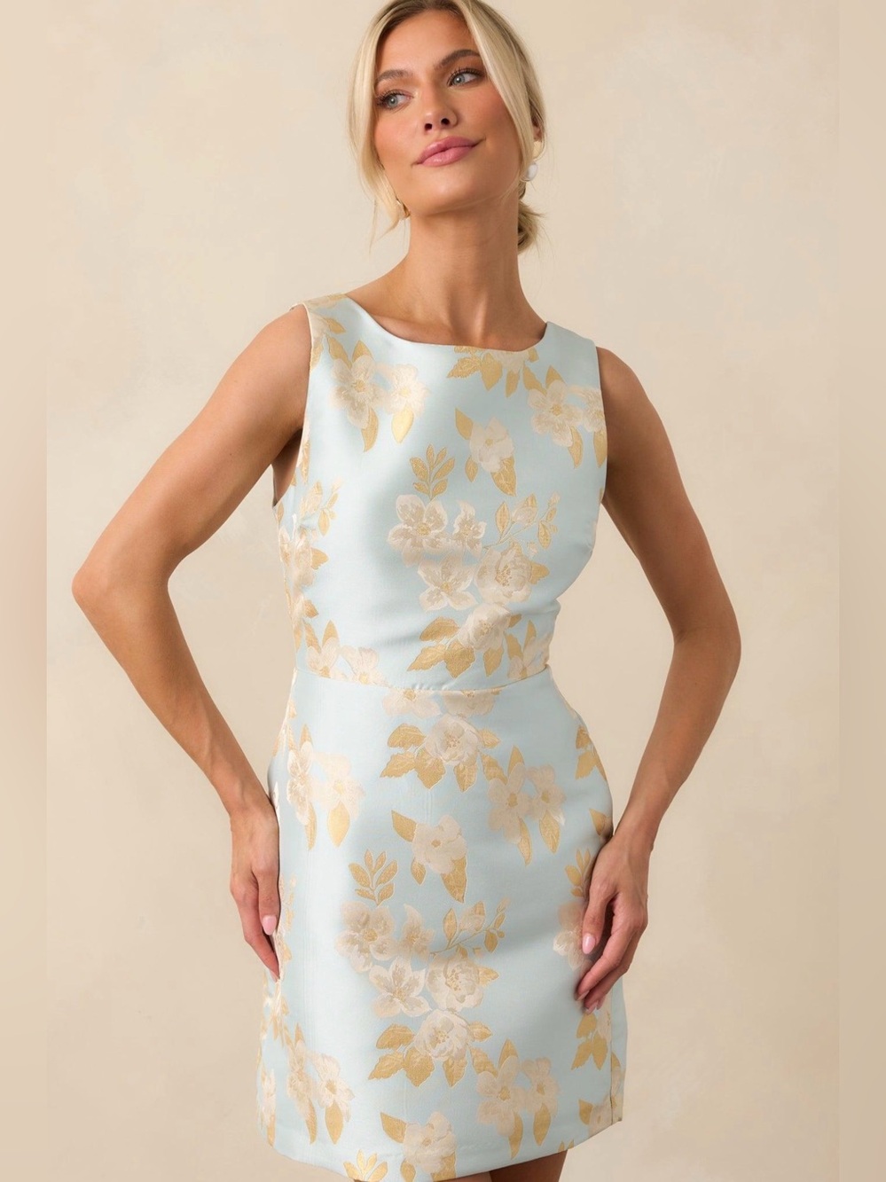 NWT B.RIGHT Light Blue & Gold Floral Jacquard Open Back Mini Dress Size Large